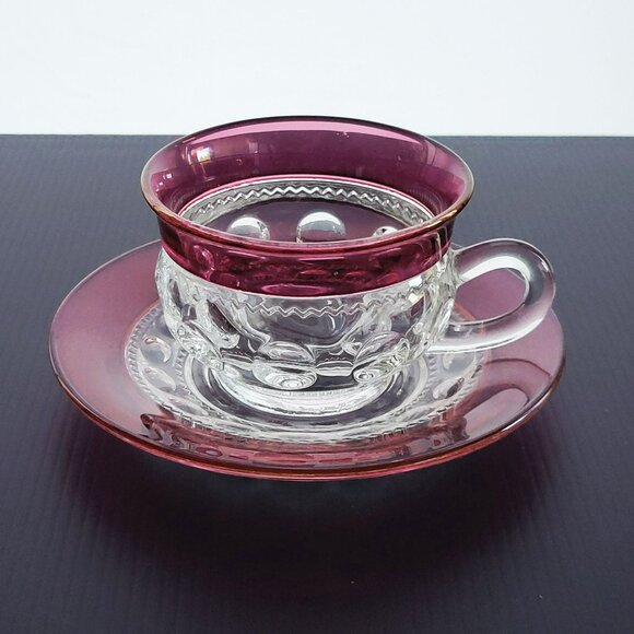 Vintage Tiffin King's Crown Cup & Saucer, 2 SETS, Cranberry & Clear c1950-65 USA - Picture 3 of 10